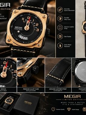Men’s Black & Gold Leather Strap Watch